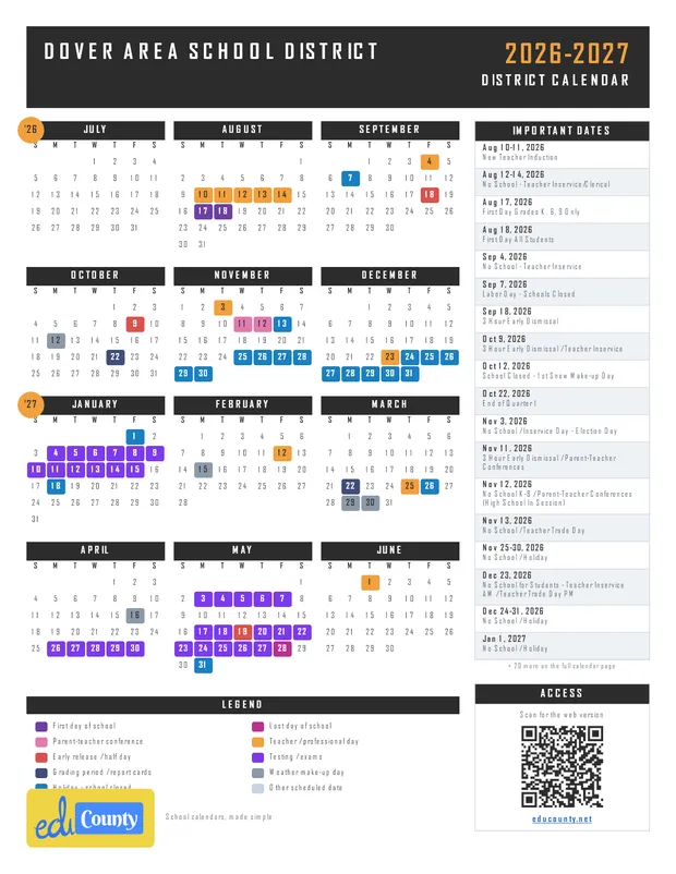 DOVER AREA SCHOOL DISTRICT printable 2026-27 calendar