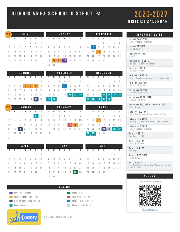 DuBois Area School District printable 2026-27 calendar