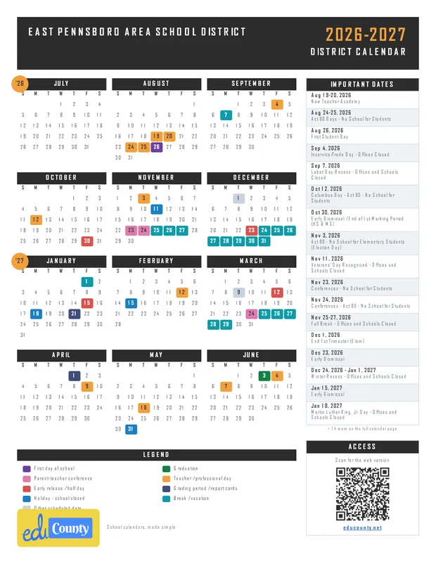 East Pennsboro Area School District printable 2026-27 calendar