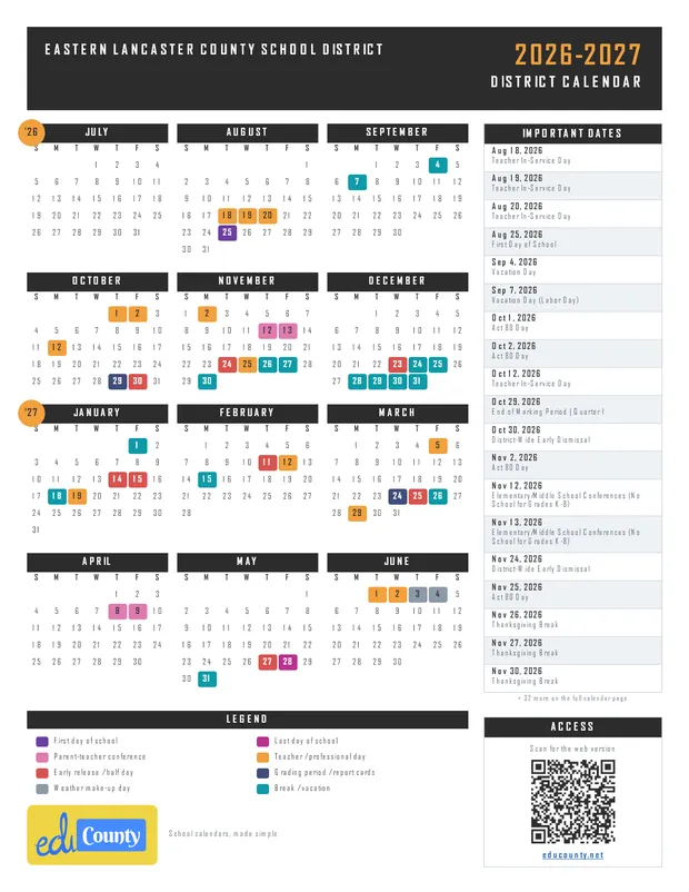 Eastern Lancaster County School District printable 2026-27 calendar