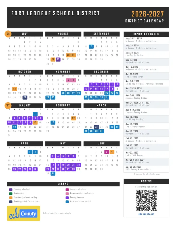 Fort LeBoeuf School District printable 2026-27 calendar