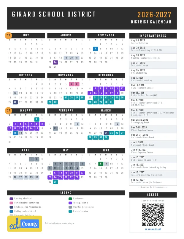 Girard School District printable 2026-27 calendar