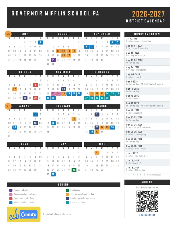 Governor Mifflin School printable 2026-27 calendar