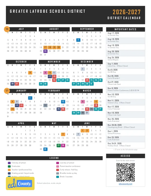 GREATER LATROBE SCHOOL DISTRICT printable 2026-27 calendar