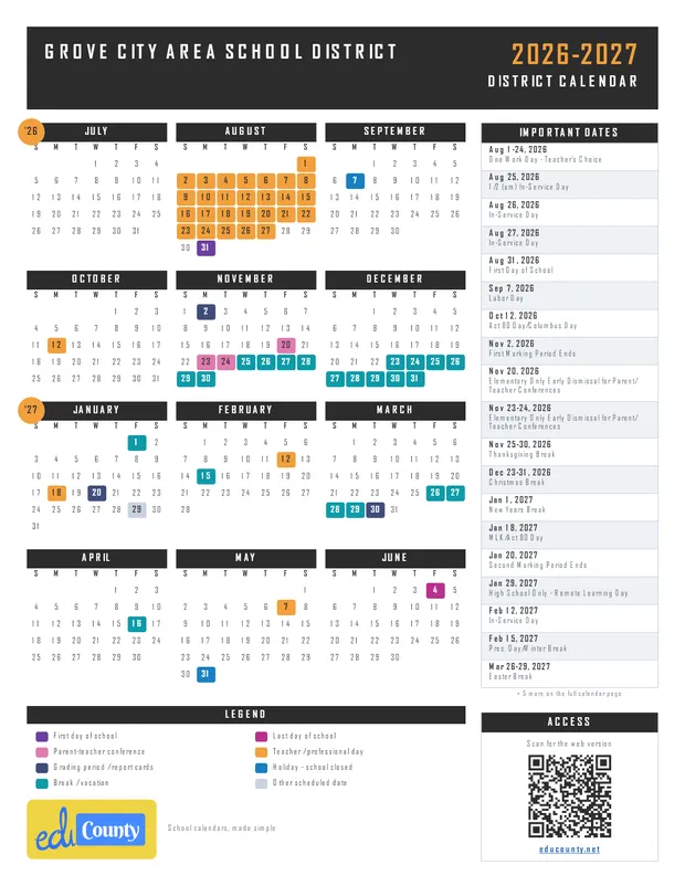 GROVE CITY AREA SCHOOL DISTRICT printable 2026-27 calendar
