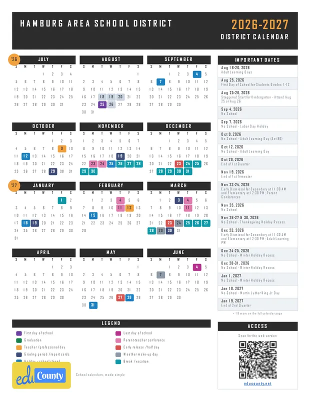 HAMBURG AREA SCHOOL DISTRICT printable 2026-27 calendar