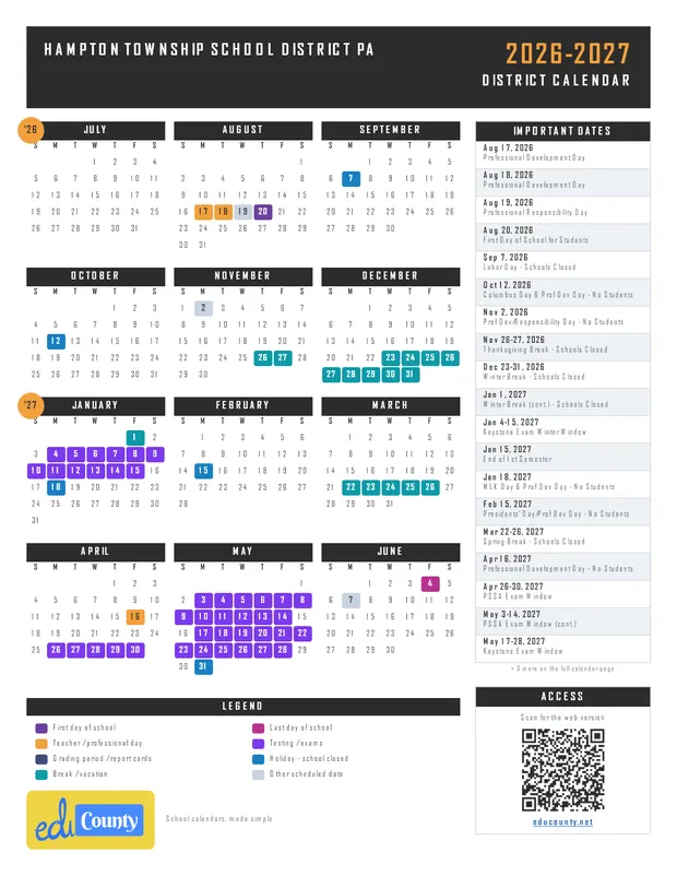 Hampton Township School District printable 2026-27 calendar