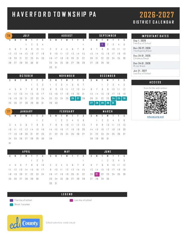 Haverford Township printable 2026-27 calendar