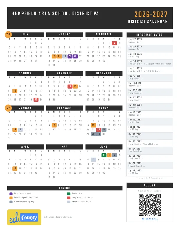 Hempfield Area School District printable 2026-27 calendar