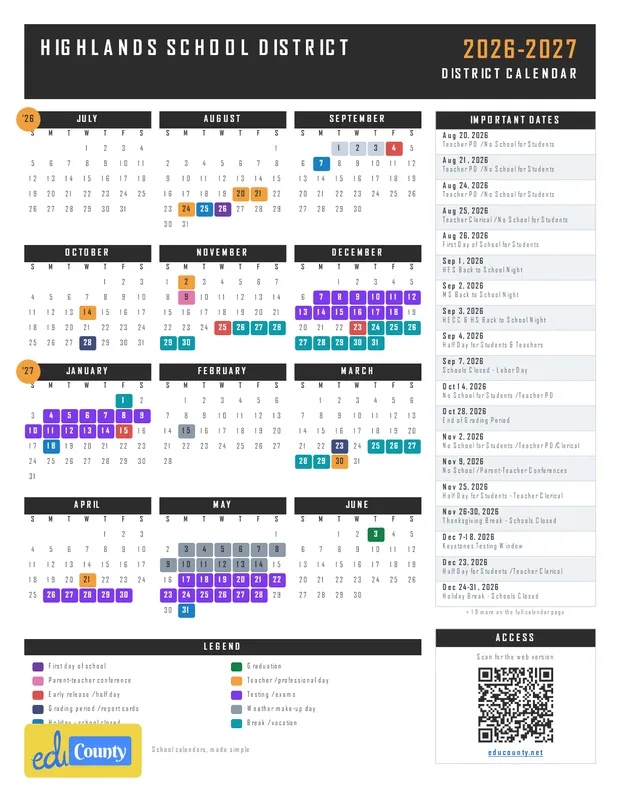 Highlands School District printable 2026-27 calendar