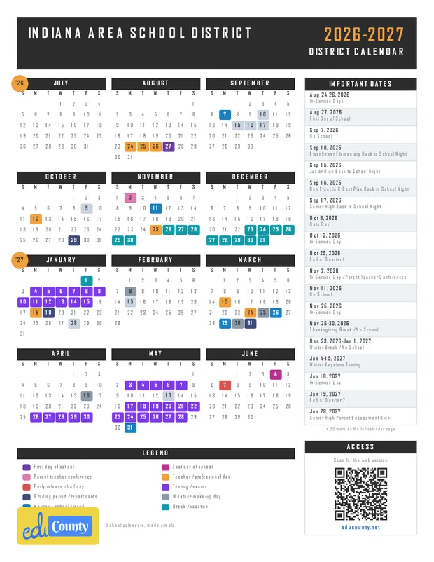 INDIANA AREA SCHOOL DISTRICT printable 2026-27 calendar