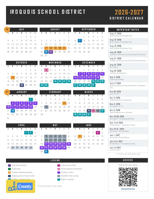 Iroquois School District printable 2026-27 calendar