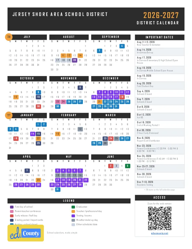 Jersey Shore Area School District printable 2026-27 calendar