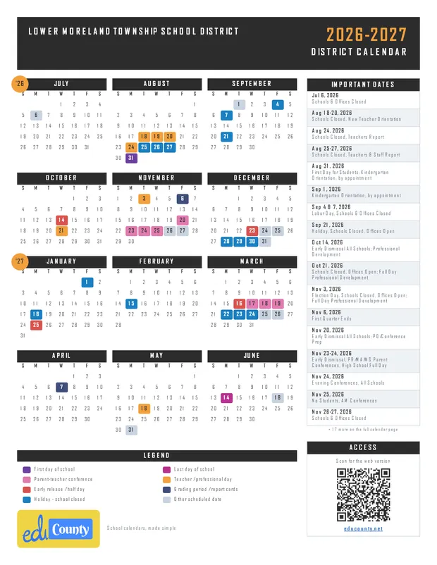 Lower Moreland Township School District printable 2026-27 calendar