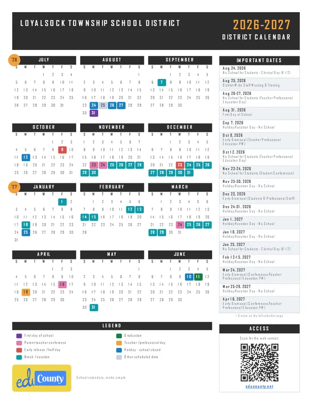 Loyalsock Township School District printable 2026-27 calendar