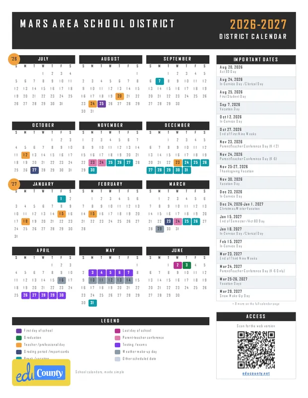 MARS AREA SCHOOL DISTRICT printable 2026-27 calendar