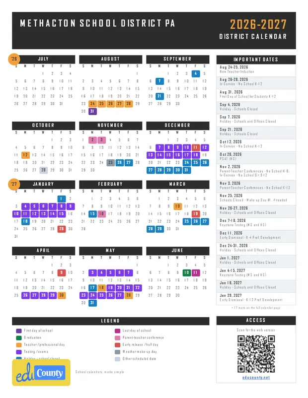 Methacton School District printable 2026-27 calendar
