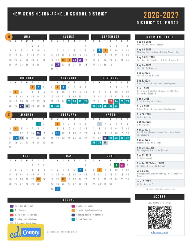 New Kensington-Arnold School District printable 2026-27 calendar
