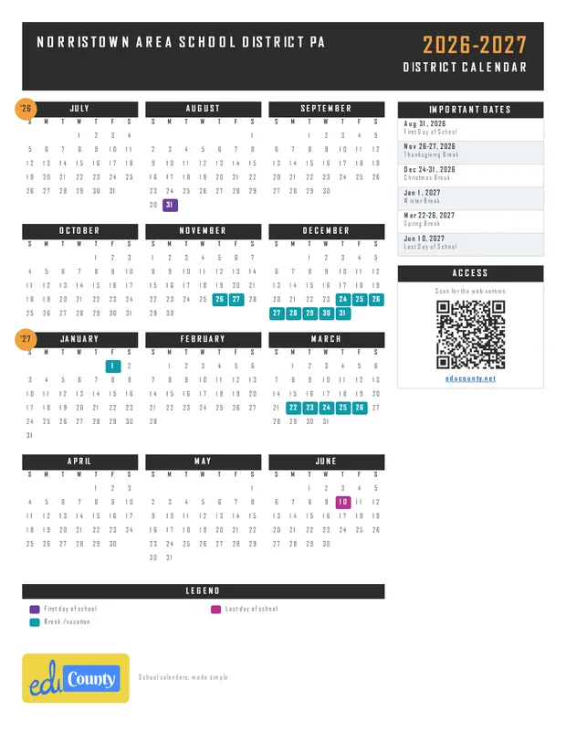 Norristown Area School District printable 2026-27 calendar