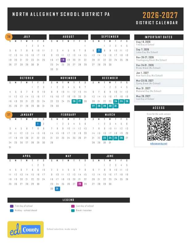 North Allegheny School District printable 2026-27 calendar