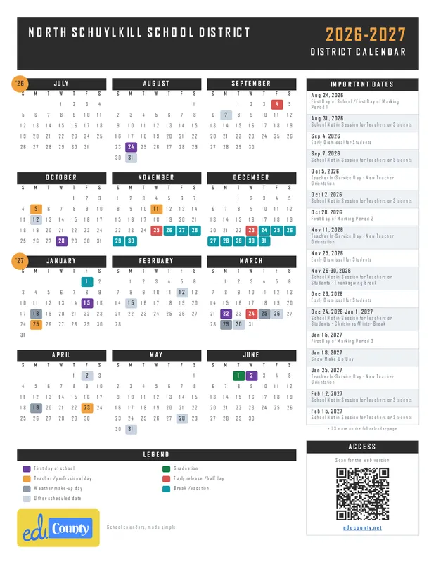 North Schuylkill School District printable 2026-27 calendar