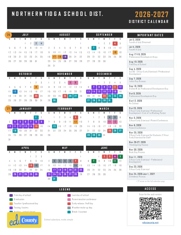 Northern Tioga School Dist. printable 2026-27 calendar
