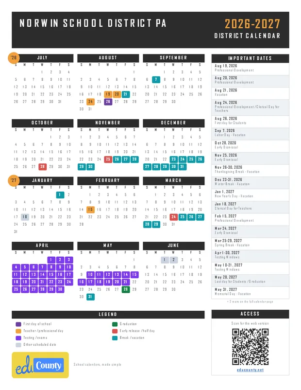 Norwin School District printable 2026-27 calendar