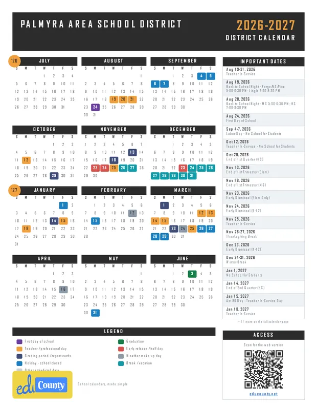 Palmyra Area School District printable 2026-27 calendar