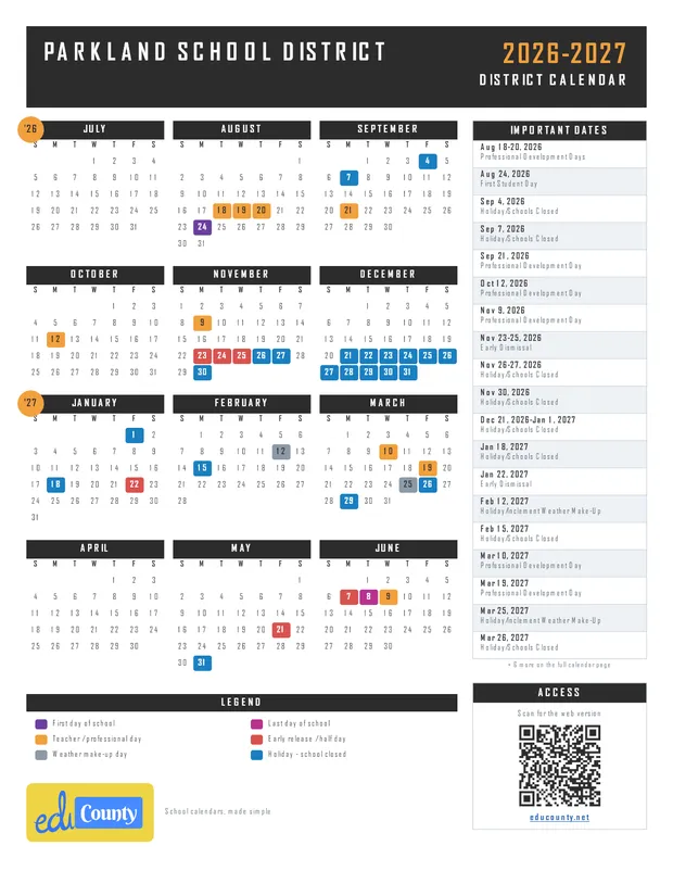 Parkland School District printable 2026-27 calendar