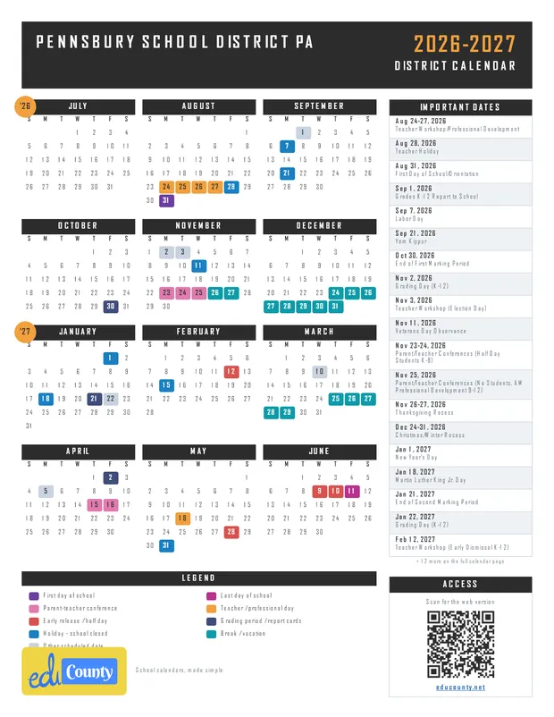 Pennsbury School District printable 2026-27 calendar