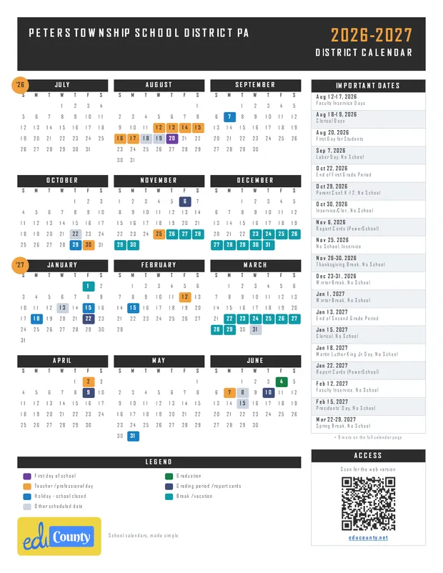 Peters Township School District printable 2026-27 calendar
