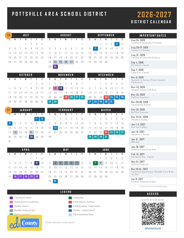 Pottsville Area School District printable 2026-27 calendar