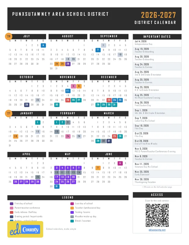 Punxsutawney Area School District printable 2026-27 calendar