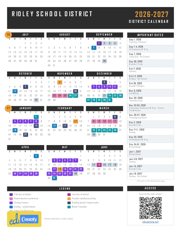 RIDLEY SCHOOL DISTRICT printable 2026-27 calendar
