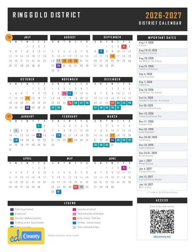 Ringgold District printable 2026-27 calendar