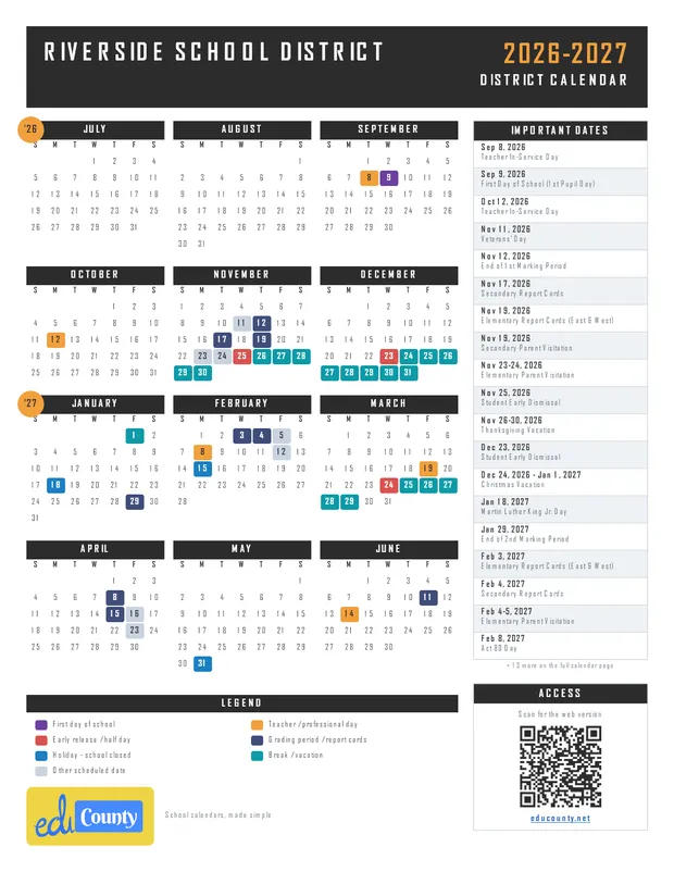 Riverside School District printable 2026-27 calendar