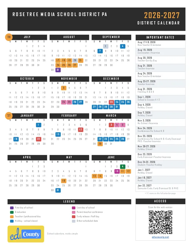 Rose Tree Media School District printable 2026-27 calendar