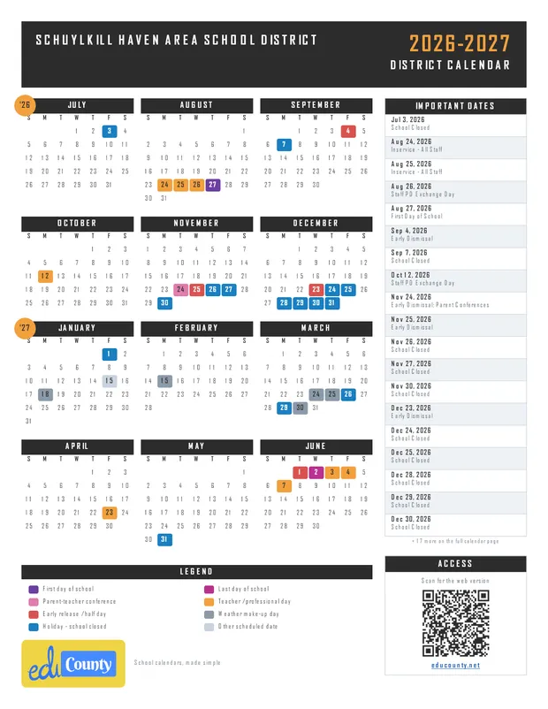 Schuylkill Haven Area School District printable 2026-27 calendar