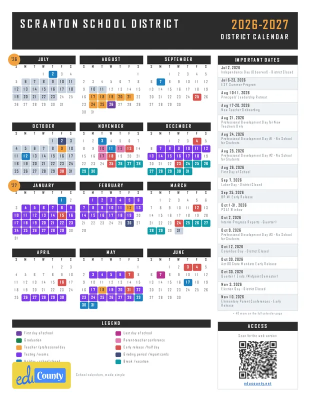 SCRANTON SCHOOL DISTRICT printable 2026-27 calendar
