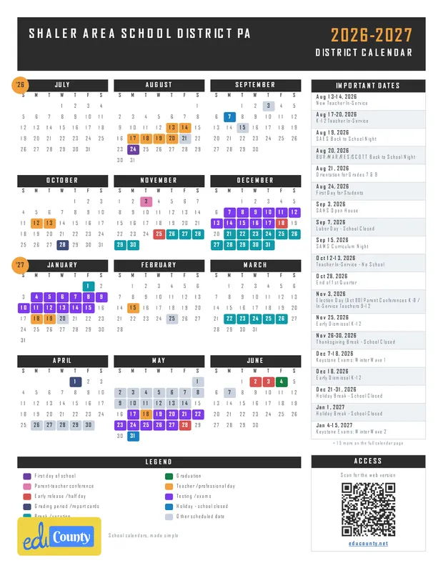 Shaler Area School District printable 2026-27 calendar