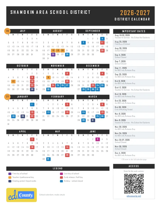 SHAMOKIN AREA SCHOOL DISTRICT printable 2026-27 calendar