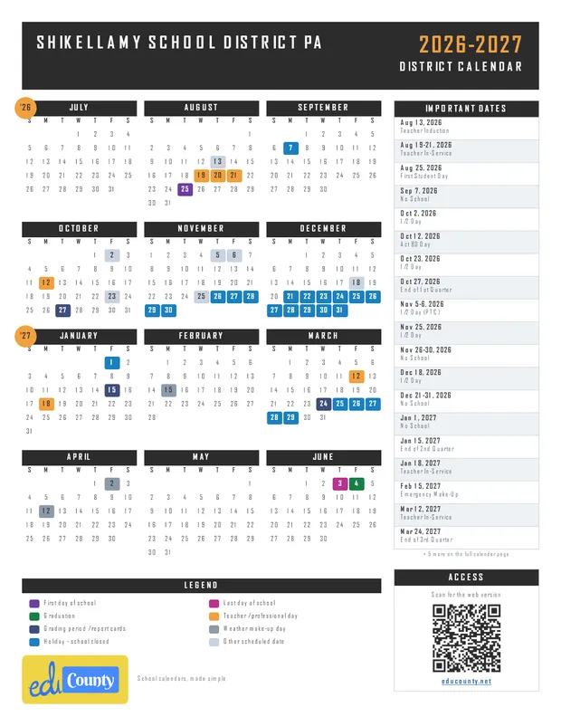 Shikellamy School District printable 2026-27 calendar