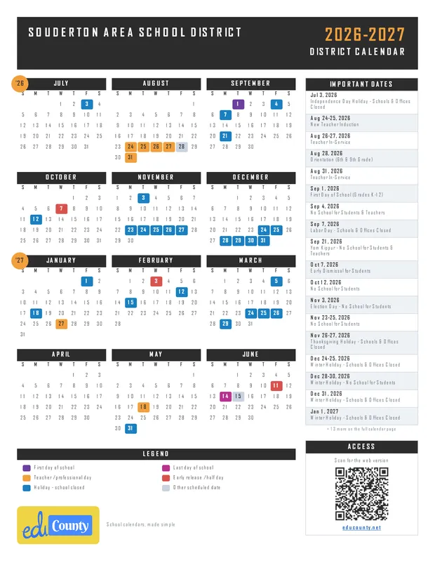Souderton Area School District SASD printable 2026-27 calendar