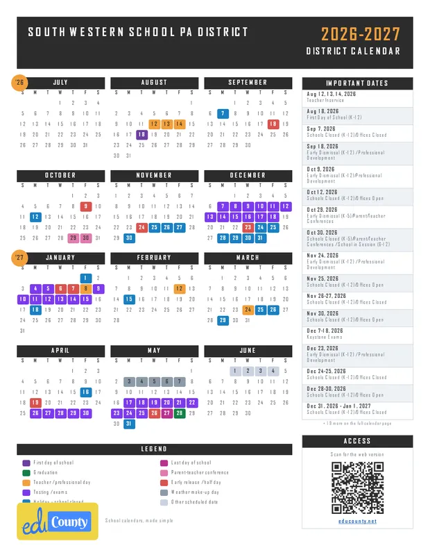 South Western School PA District printable 2026-27 calendar