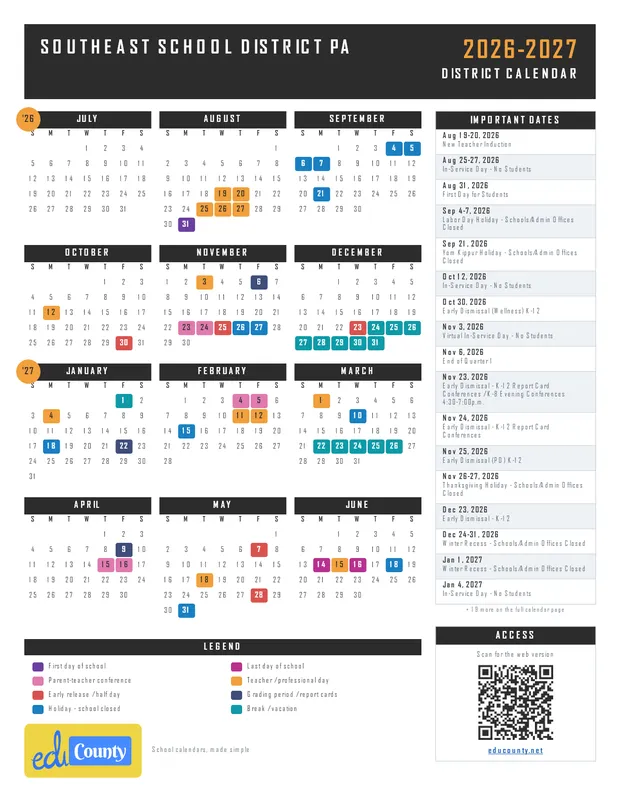 Southeast School District printable 2026-27 calendar