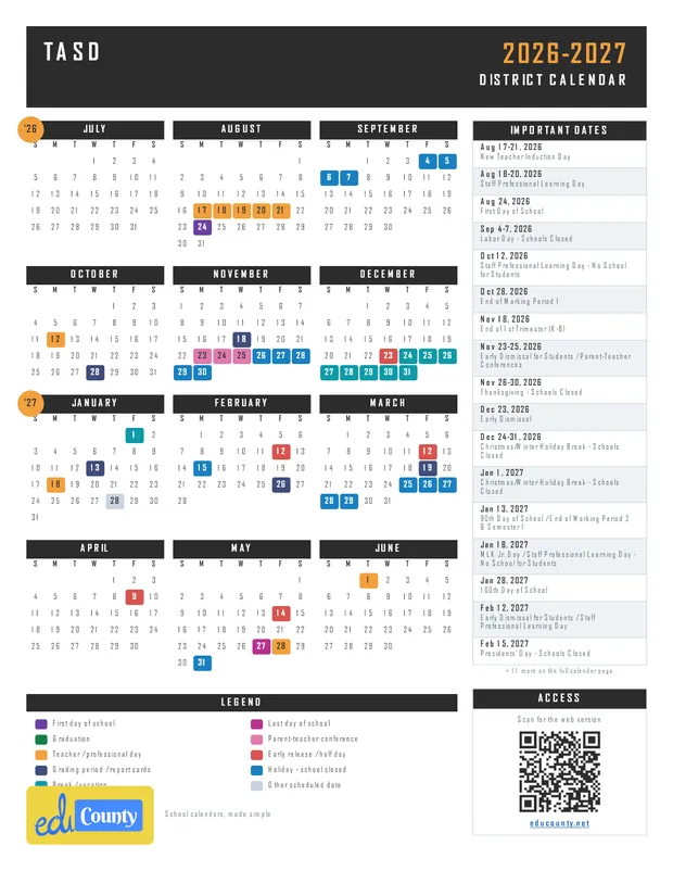 TASD printable 2026-27 calendar
