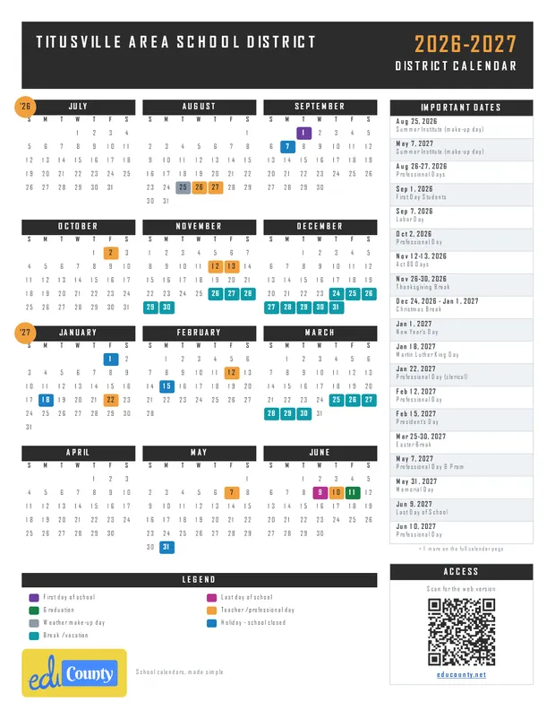 Titusville Area School District printable 2026-27 calendar