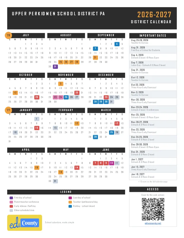 Upper Perkiomen School District printable 2026-27 calendar