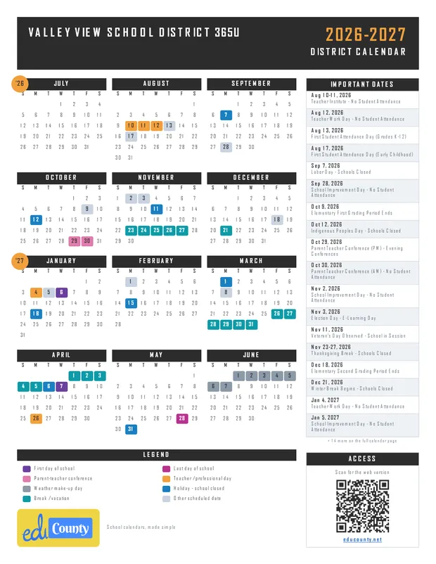 VALLEY VIEW SCHOOL DISTRICT 365U printable 2026-27 calendar