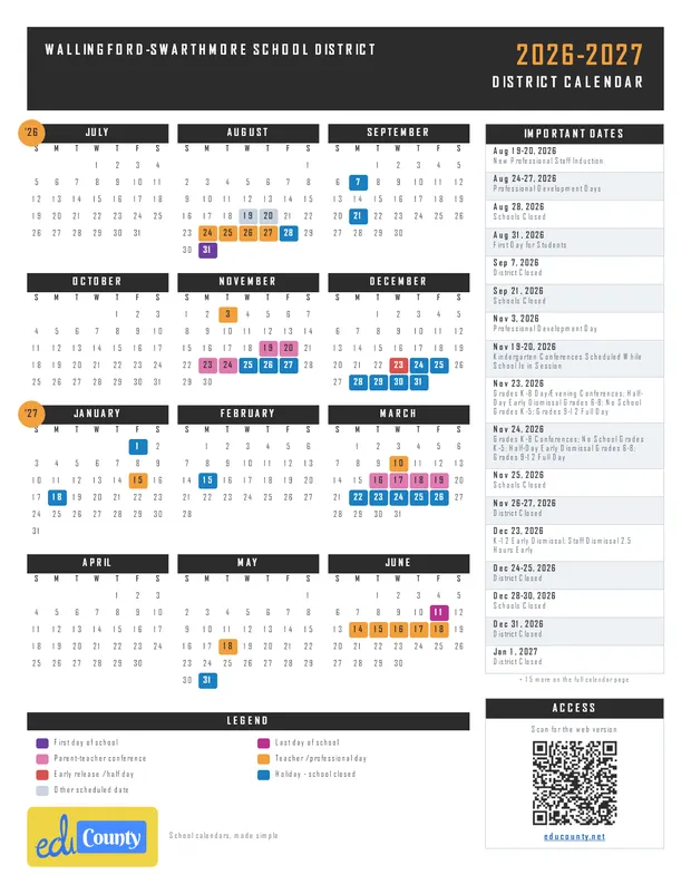 Wallingford-Swarthmore School District printable 2026-27 calendar